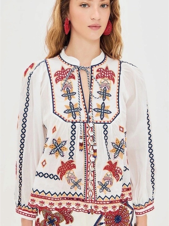 FARM Rio Tops - FARM Rio Off-White Palm Tree Embroidered Blouse White & Red